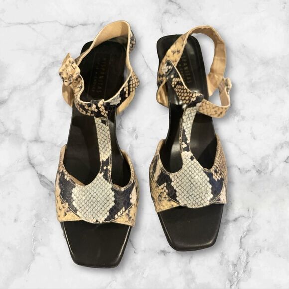 Hispanitas Preston Snakeskin Leather T-Strap Block Heel Sandals Size 41 Like New - Picture 3 of 12